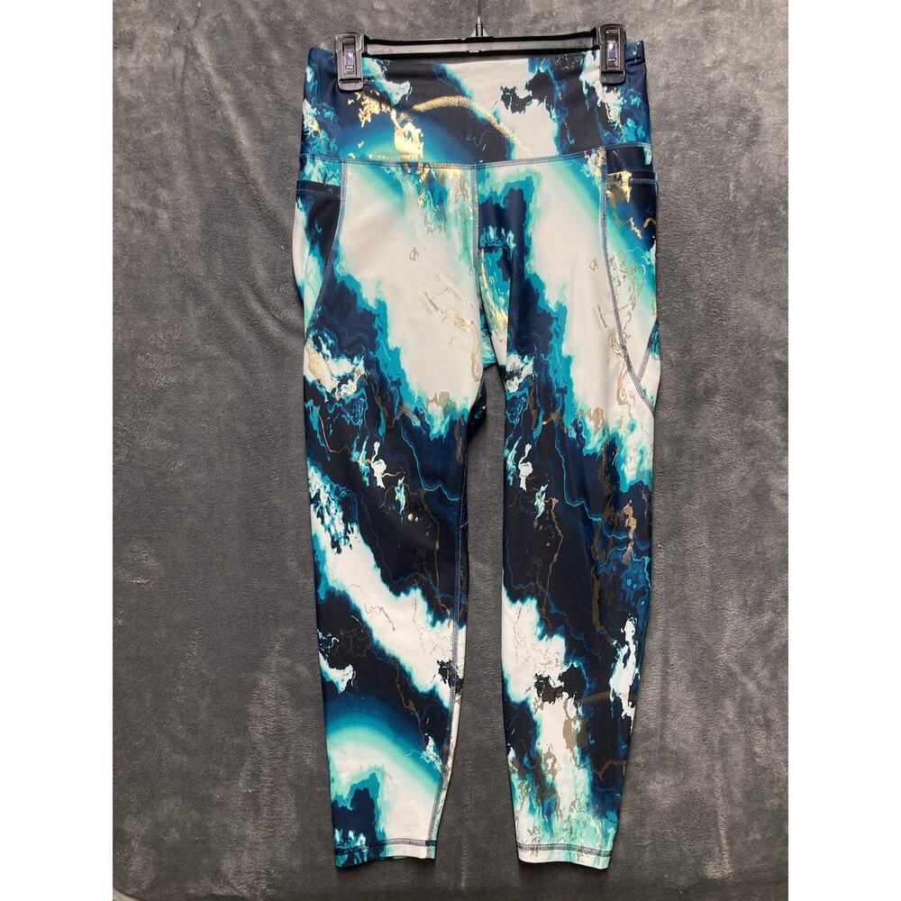 Old Navy Powersoft High-Rise Leggings L Teal Gold Marble Watercolor Go-Dry Gym